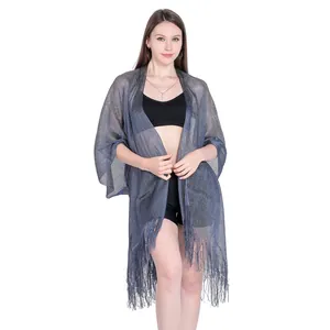 Elegant metallic blue fringe shawl bikini cover-up for beach vacation sun protection clothing