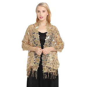 Elegant gold sequin lace shawl with tassel fringe for evening dresses and parties