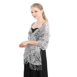 Elegant silver sequined shawl with lace floral patterns and tassel fringe detail