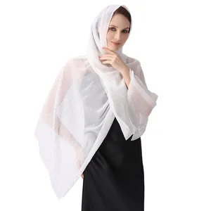 Elegant white chiffon shawl with silver silk and rhinestones detail for formal bridal wear.