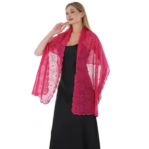 Full view of elegant rose red lace shawl with floral sequin embroidery on black dress