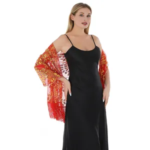 Elegant red sequin peacock tail embroidery shawl with fringe detail for evening wear