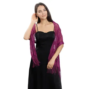 Elegant purple floral lace evening shawl scarf with fringe worn over a black dress