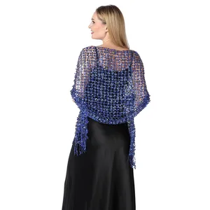 Back view of elegant blue sequined shawl featuring mesh lace and exquisite fringe details
