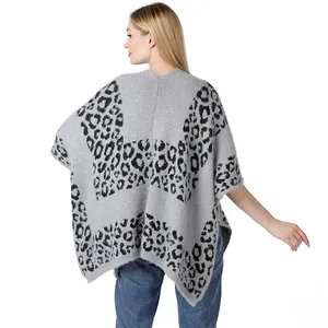Back view of premium grey leopard print knitted shawl poncho for stylish women
