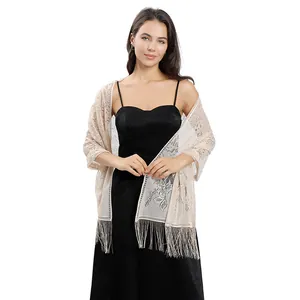Elegant champagne floral lace shawl with long tassels, perfect for evening parties and weddings