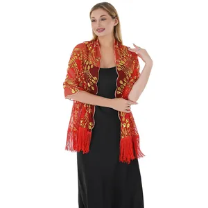 Elegant red mesh shawl wrap with gold sequin peacock embroidery and long tassels