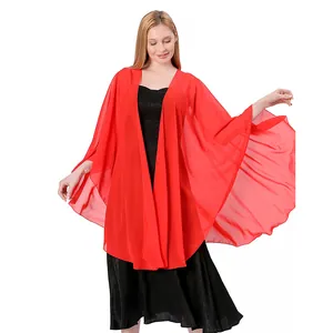 Elegant red chiffon bridal cape shawl for bridesmaids and evening parties, detailed view