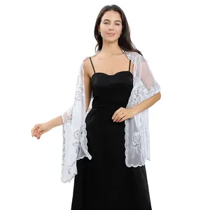 Elegant white lace shawl with sequin peony embroidery for bridal and evening wear.
