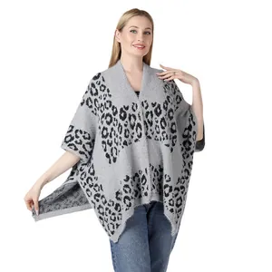 Elegant gray leopard print knitted poncho with side slit detail for women's fashion