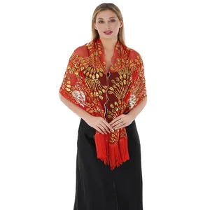 Elegant red shawl with gold sequin peacock embroidery and tassels for evening dresses.