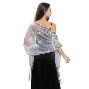 Elegante transparante avondsjaal met zilveren lovertjes en lange franjes voor dames