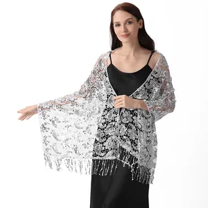Elegant silver sequin paisley lace shawl with fringe tassels for evening banquet gowns