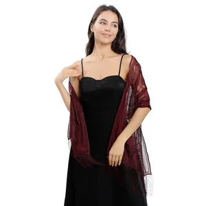 Elegant burgundy floral lace shawl with fringes for wedding dinner and evening parties.