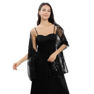 Detailed view of elegant black lace shawl featuring peony floral embroidery and sequins