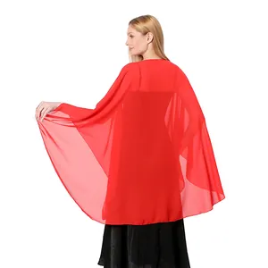 Back view of red sheer chiffon shawl wrap for evening dresses and bridal wear
