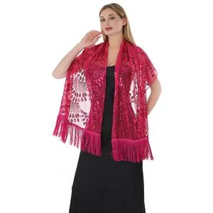 Detailed view of magenta sequin embroidered shawl with fringe for evening gowns