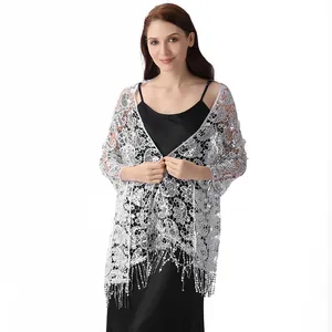 Silver sequin lace paisley shawl with tassels for bridal evening gown