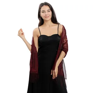 Elegant burgundy lace shawl scarf with long fringes on a model wearing black evening dress