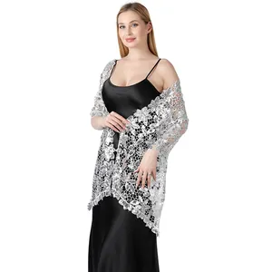Elegante scialle in pizzo con paillettes argento per abiti da sera e cerimonie