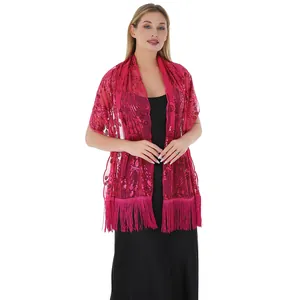 Macro view of the fuchsia sequined peacock embroidery shawl with long silk fringe