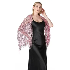 Pink sequined evening shawl with fringe detail for party or wedding dress