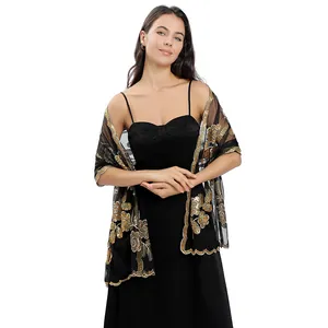 Elegant black mesh shawl with gold peony sequin embroidery for evening dresses and weddings