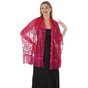 Detailed view of fuchsia peacock sequin shawl with long elegant fringe for party wear