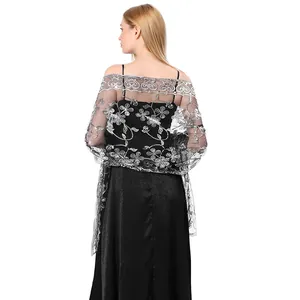 Elegant silver sequin shawl with floral embroidery for evening dresses and weddings