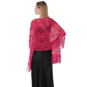 Back view of a fuchsia peacock tail sequin embroidered shawl wrap with long fringe tassel.
