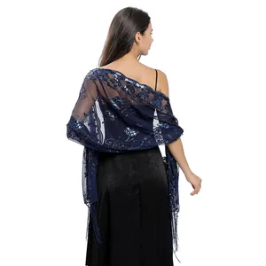 Elegante marineblauwe mesh sjaal met paillettenborduursel en lange franjes voor avondjurken