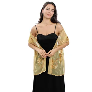 Gold peony sequin embroidered mesh shawl for wedding guest or evening gown accessory