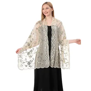 Elegant gold sequined shawl with heart pattern embroidery on light mesh fabric