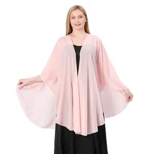Elegant light pink chiffon bridal shawl featuring an open front and flowing split sleeves.
