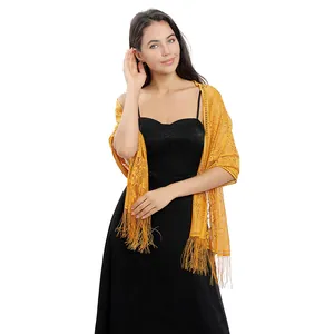 Yellow lace shawl with elegant fringe detailing for evening dresses and formal parties