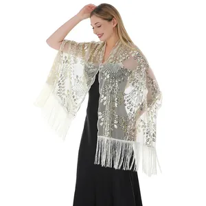 Elegant evening gown wrap shawl with gold sequin peacock embroidery and long tassels
