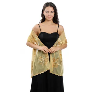 Elegant gold peony flower sequin embroidered mesh shawl wrap for bridal evening dresses