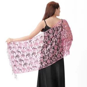 Elegant pink paisley lace shawl with sequins and tassels for evening dress banquet