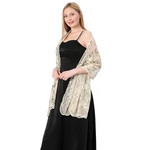 Elegant champagne mesh shawl with silver sequins for evening dresses, weddings and parties