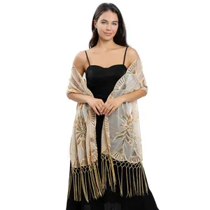 Women Long Sequin Embroidered Mesh Shawl Tulle Evening Dress Wrap Scarf Elegant Wedding Party Cape