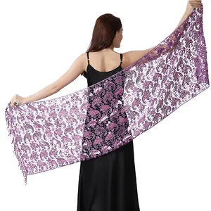 Detailed view of a purple sequined paisley lace shawl with elegant tassel fringe