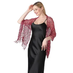 Elegant dark pink sequin embroidered wrap shawl with fringe for formal evening gowns