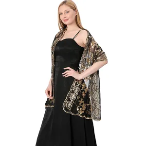 Elegant black mesh shawl with gold floral sequin embroidery for evening dresses