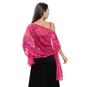 Detailed view of the vibrant pink sequin embroidered shawl with elegant floral patterns
