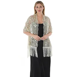 Full view of elegant sequin peacock tail embroidery shawl with fringe for evening wear