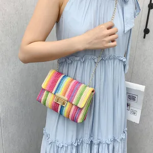 Fashionable rainbow striped woven square flap crossbody bag with gold chain strap