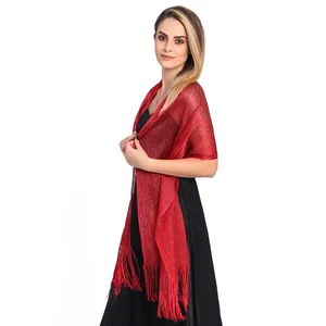 Elegant red metallic silk evening shawl with fringe tassels for weddings and proms