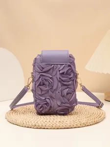 Bolso bandolera morado para móvil con elegante decoración de rosas 3D de tela