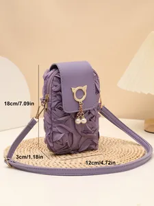 Dimensiones detalladas del bolso bandolera vertical morado con gato