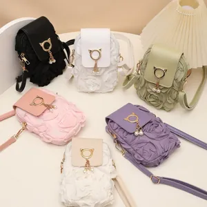 Bolso Bandolera Vertical para Teléfono Mujer con Pétalos Florales 3D y Cierre de Metal de Gato Borla de Perla Artificial Mini Bolso de Hombro de Cuero PU